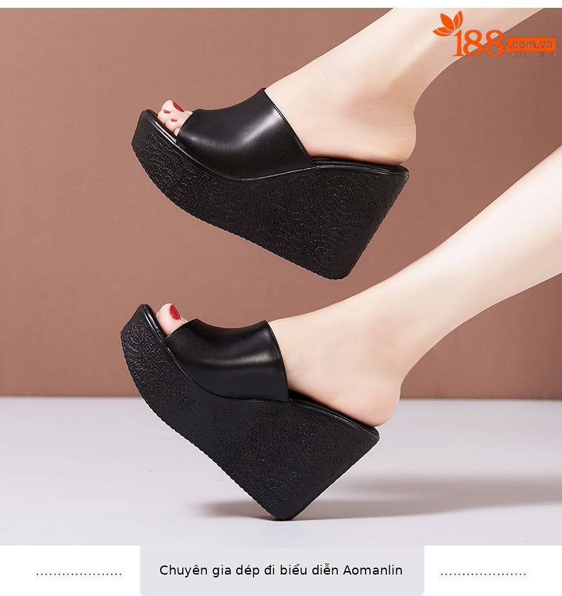 Dép sandal nữ đế xuồng da thật gót 11cm siêu cao đế dày chống thấm — Màu Trắng be 30217 7cm, 30118 đen 8cm, Màu Trắng 30118 8cm, Màu đen 11cm chi tiết 10