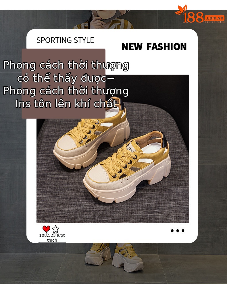 Giày sneaker nữ đế dày phong cách bố thể thao, thiết kế khoét lỗ thoáng khí, tăng chiều cao ẩn — M2581 trắng, M2581 xanh, M2581vàng, M2581 đỏ chi tiết 3