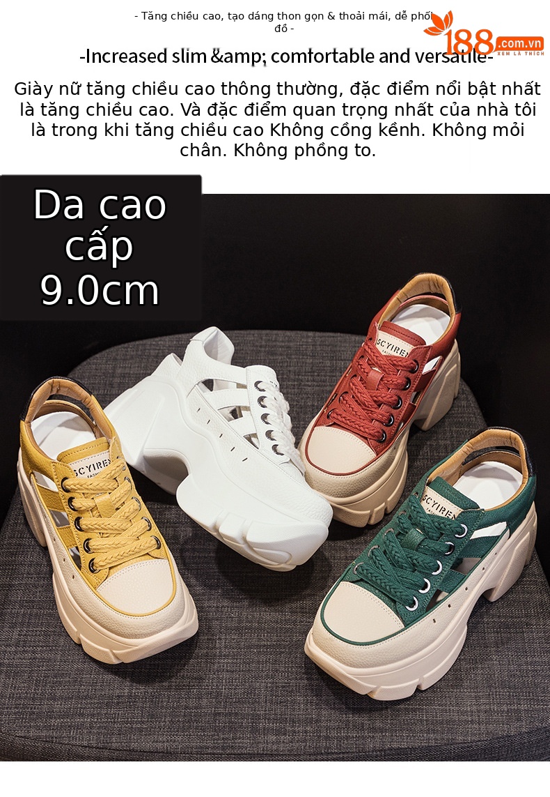 Giày sneaker nữ đế dày phong cách bố thể thao, thiết kế khoét lỗ thoáng khí, tăng chiều cao ẩn — M2581 trắng, M2581 xanh, M2581vàng, M2581 đỏ chi tiết 2