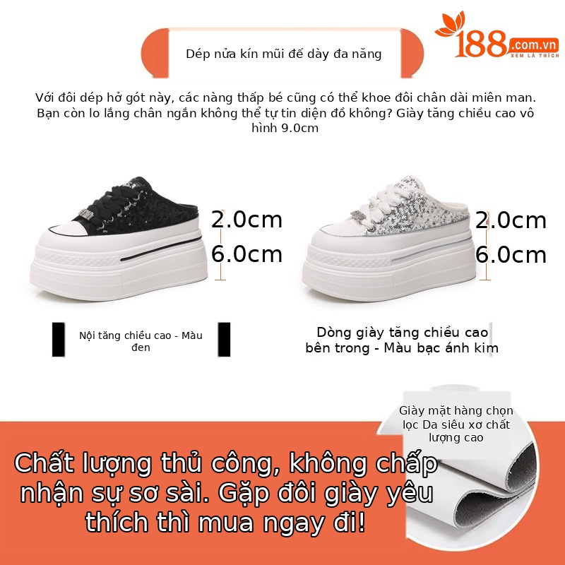 Dép lê bít mũi đế độn cao sequin nữ SJN9998 — Màu đen, Màu trắng bạc