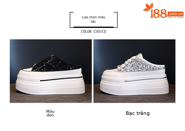 Dép lê bít mũi đế độn cao sequin nữ SJN9998 — Màu đen, Màu trắng bạc chi tiết 2