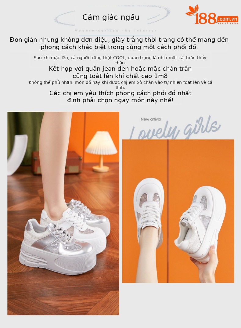 Giày sneaker nữ đế dày chunky lưới thoáng khí, tăng chiều cao, phong cách đa năng — Trắng, Bạc chi tiết 3