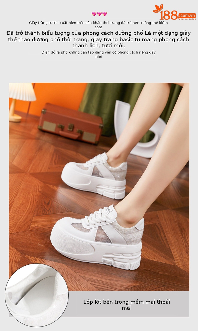 Giày sneaker nữ đế dày chunky lưới thoáng khí, tăng chiều cao, phong cách đa năng — Trắng, Bạc chi tiết 4