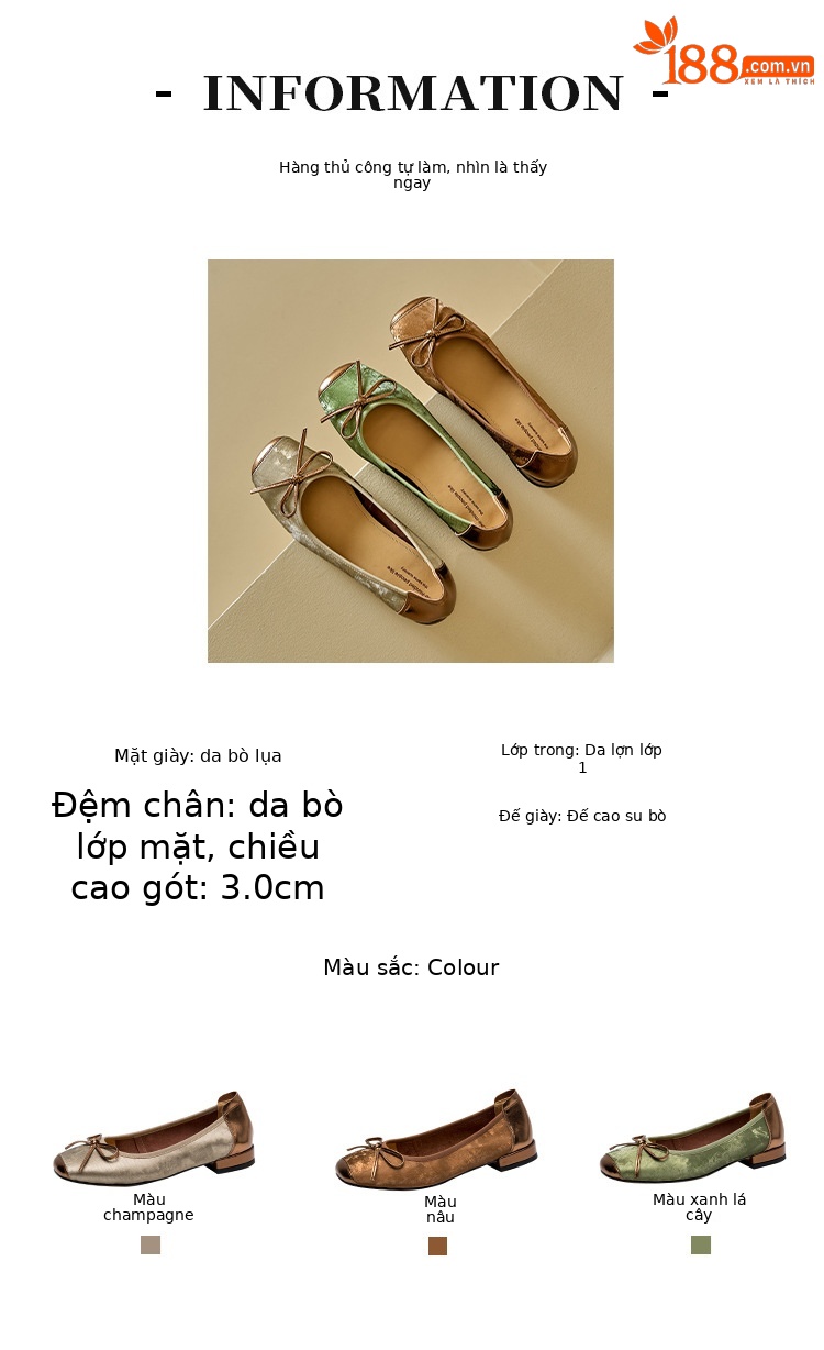 Giày ballet nữ mũi tròn da bò gót thấp nơ phối màu kiểu Trung Quốc mới — Màu nâu chi tiết 3