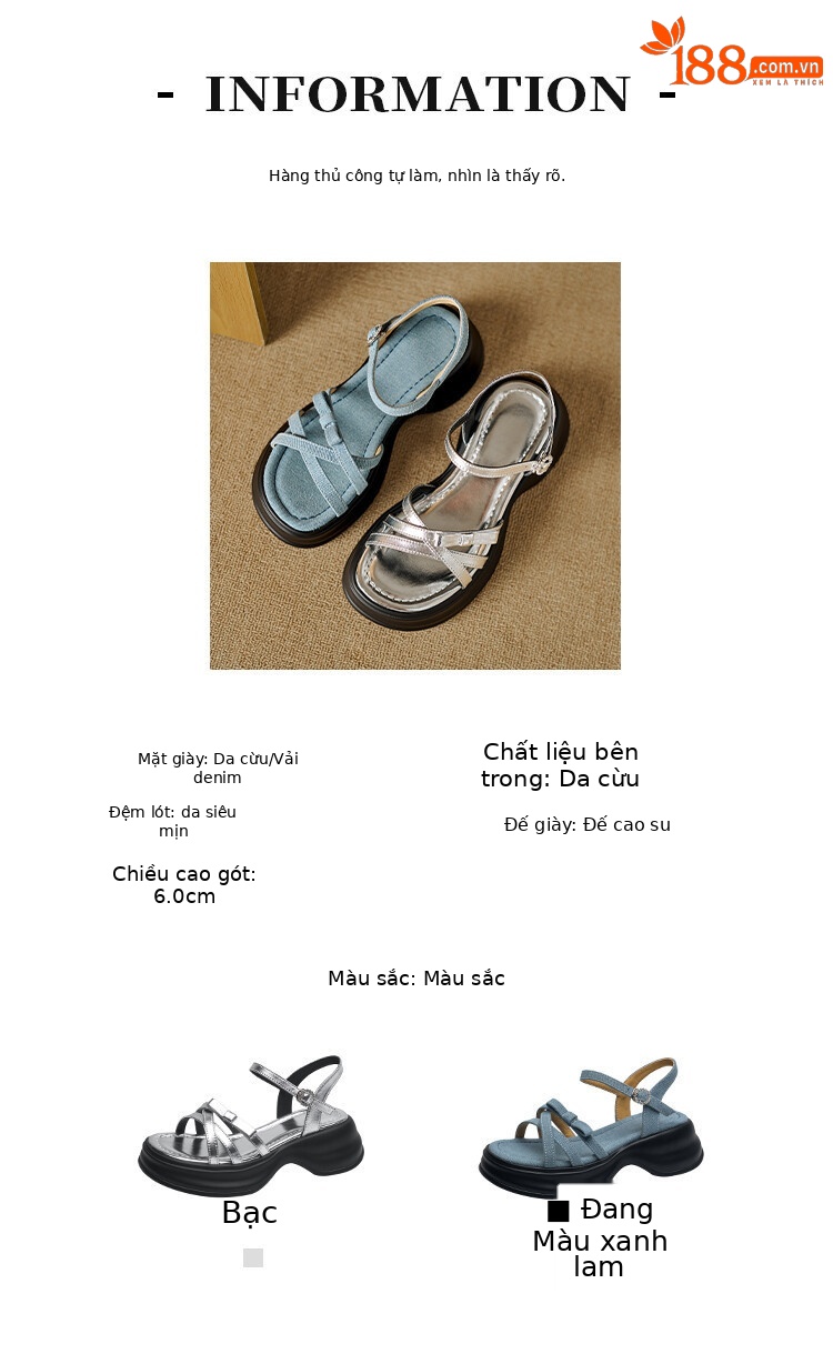 Dép sandal nữ đế bánh xốp dày mùa hè, da cừu nơ đi biển — Xanh lam Sương Khói, Màu bạc chi tiết 1
