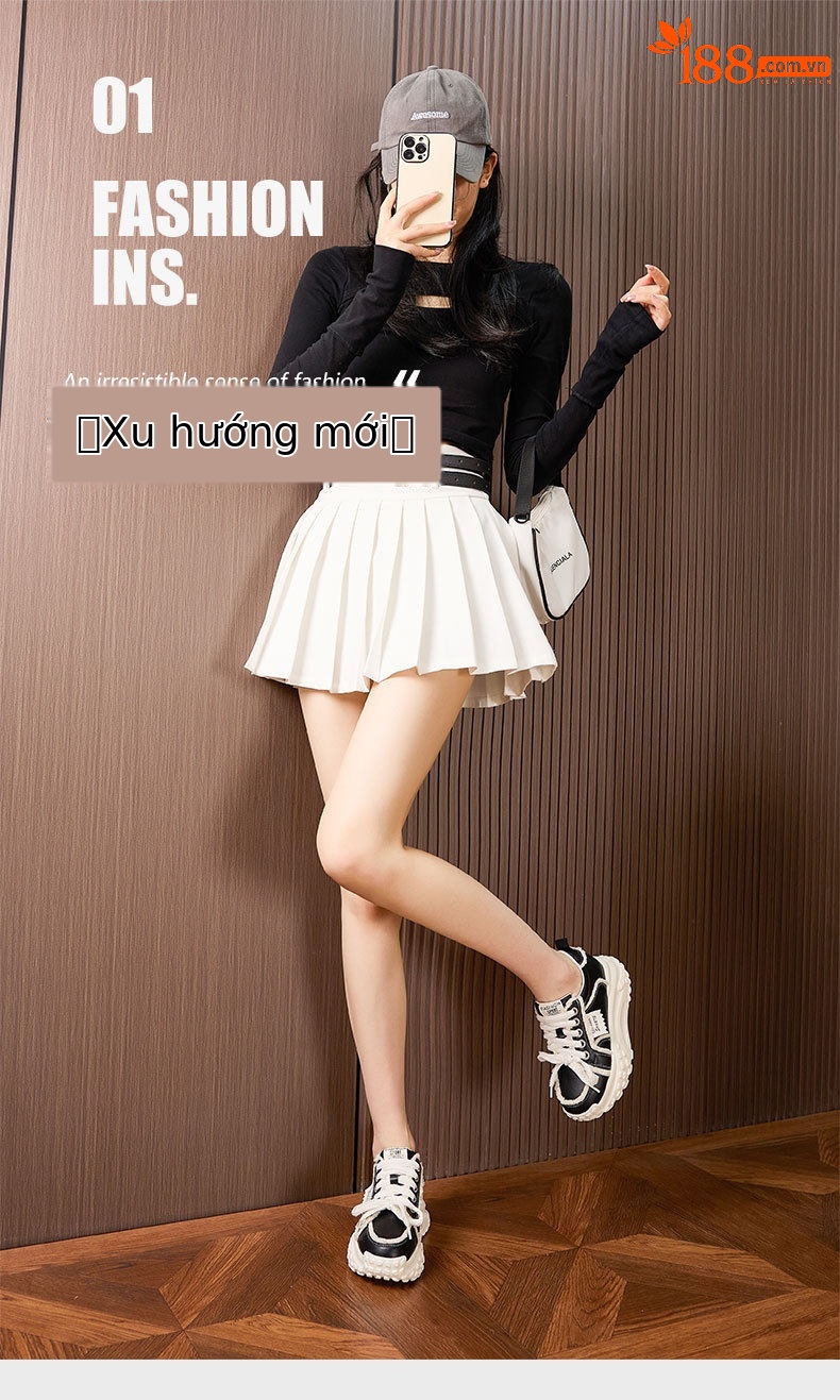 Giày sneaker nữ chạy bộ mesh thoáng mũi tròn dây buộc — Gạo trắng, Tối chi tiết 2
