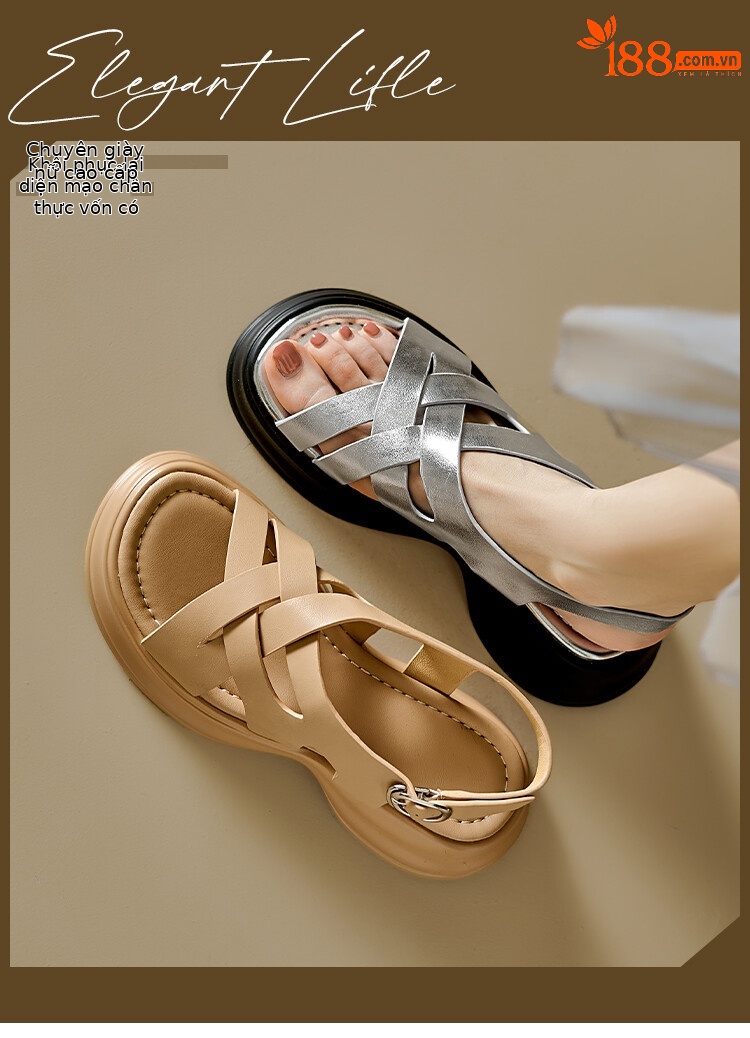Sandal da cừu đế dày hở ngón tăng chiều cao nữ — Màu bạc, Màu mơ chi tiết 1