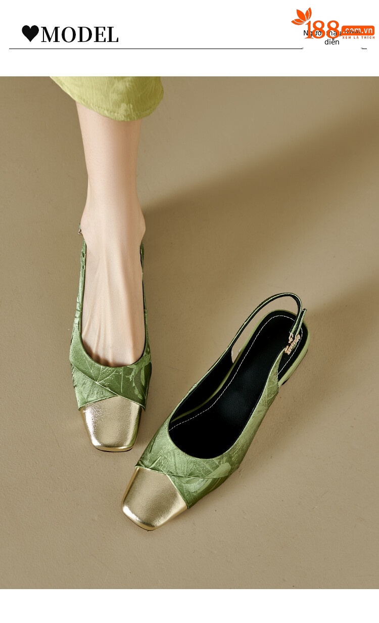 Sandal bít mũi nữ da bò phối màu gót thô 5 cm — Màu xanh lá, Màu mơ chi tiết 6