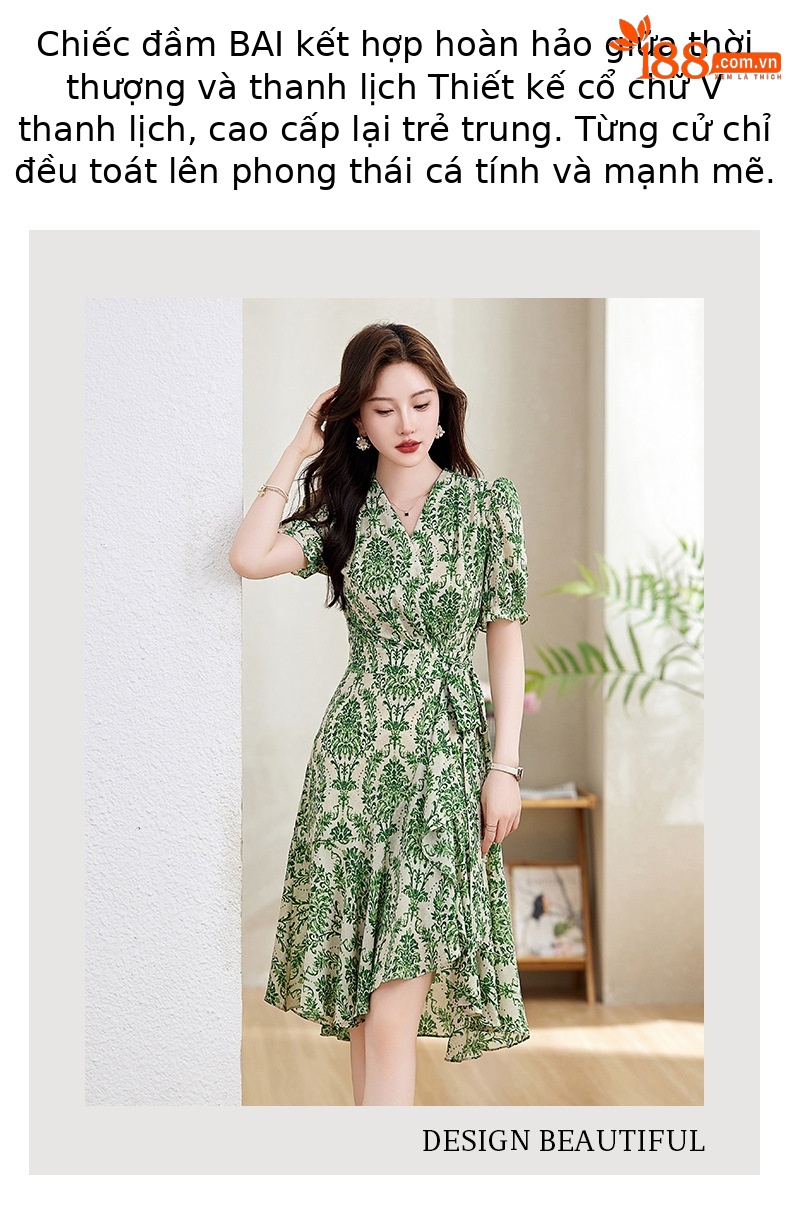 Váy maxi nữ cổ chữ V thắt eo họa tiết hoa nhí mùa hè — Màu xanh lá, Màu đỏ chi tiết 1