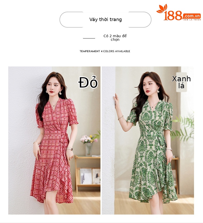 Váy maxi nữ cổ chữ V thắt eo họa tiết hoa nhí mùa hè — Màu xanh lá, Màu đỏ chi tiết 2