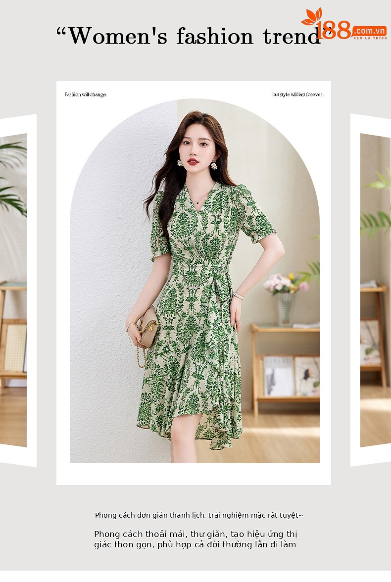 Váy maxi nữ cổ chữ V thắt eo họa tiết hoa nhí mùa hè — Màu xanh lá, Màu đỏ chi tiết 3