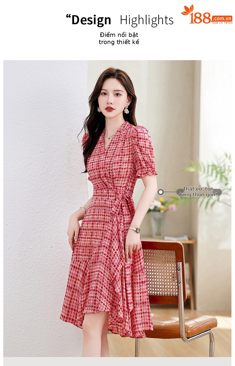 Váy maxi nữ cổ chữ V thắt eo họa tiết hoa nhí mùa hè — Màu xanh lá, Màu đỏ chi tiết 5