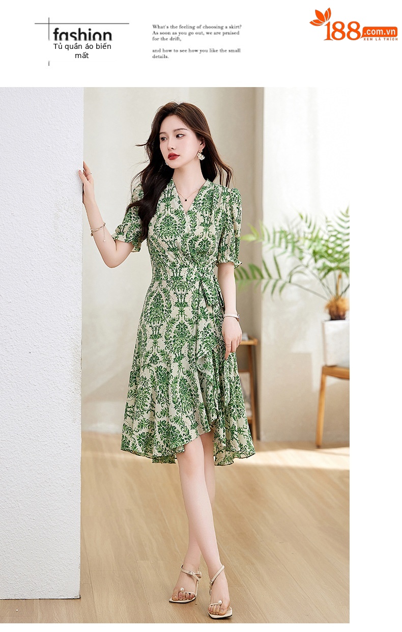 Váy maxi nữ cổ chữ V thắt eo họa tiết hoa nhí mùa hè — Màu xanh lá, Màu đỏ chi tiết 16