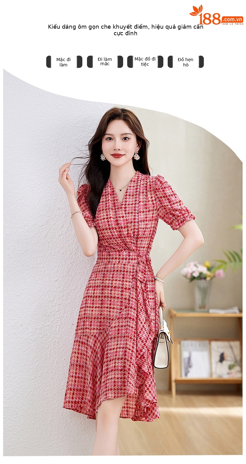 Váy maxi nữ cổ chữ V thắt eo họa tiết hoa nhí mùa hè — Màu xanh lá, Màu đỏ chi tiết 4