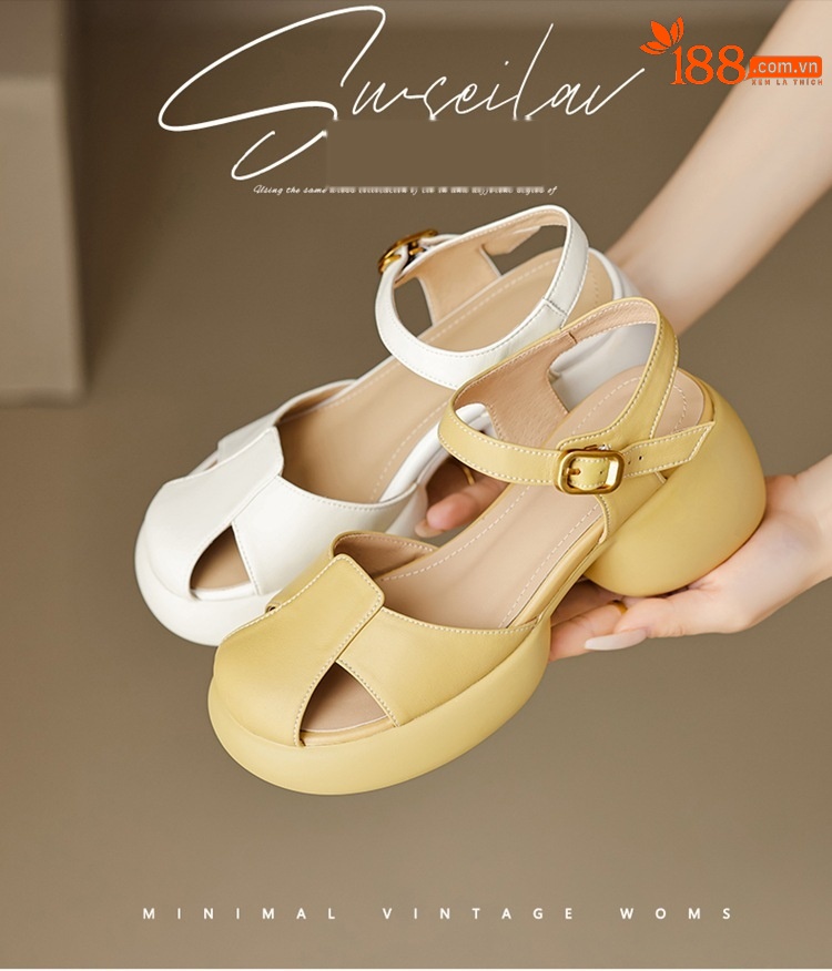 Sandal cao gót nữ bít mũi da cừu gót thô kiểu La Mã đế dày quai ngang — Màu trắng be chi tiết 1