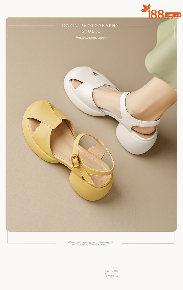 Sandal cao gót nữ bít mũi da cừu gót thô kiểu La Mã đế dày quai ngang — Màu trắng be chi tiết 3