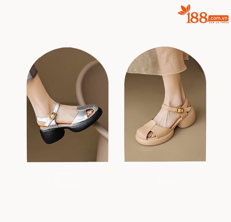 Sandal cao gót nữ bít mũi da cừu gót thô kiểu La Mã đế dày quai ngang — Màu trắng be chi tiết 4
