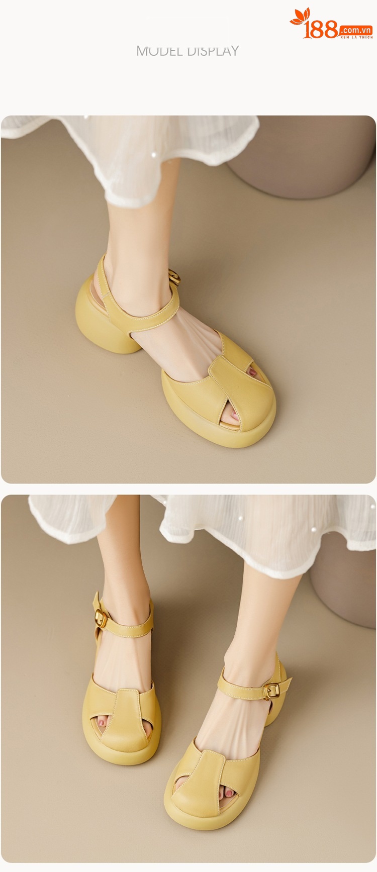 Sandal cao gót nữ bít mũi da cừu gót thô kiểu La Mã đế dày quai ngang — Màu trắng be chi tiết 5