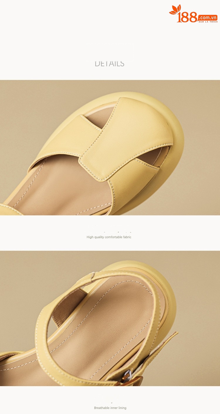 Sandal cao gót nữ bít mũi da cừu gót thô kiểu La Mã đế dày quai ngang — Màu trắng be chi tiết 23