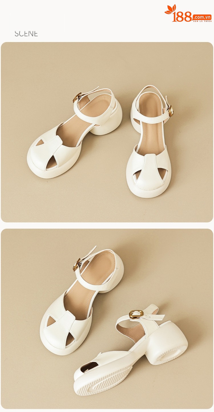 Sandal cao gót nữ bít mũi da cừu gót thô kiểu La Mã đế dày quai ngang — Màu trắng be chi tiết 25
