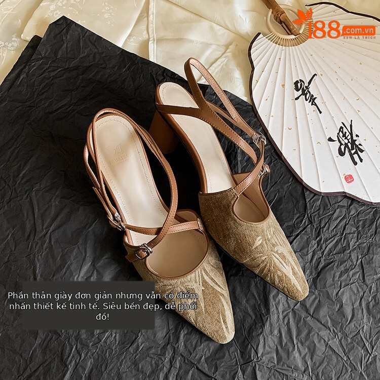 Sandal cao gót mũi nhọn phong cách Trung Hoa mới, chất sa tanh, quai chéo rỗng, gót thô 9 cm — Màu trắng be, Màu Kaki chi tiết 12