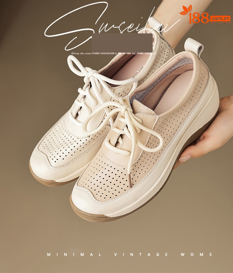 Giày da nữ đế xuồng dây buộc da bò đục lỗ — Màu trắng be chi tiết 1