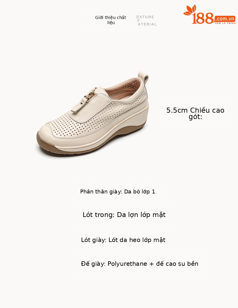 Giày da trắng đục lỗ đế xuồng platform cho nữ — Màu trắng be chi tiết 3