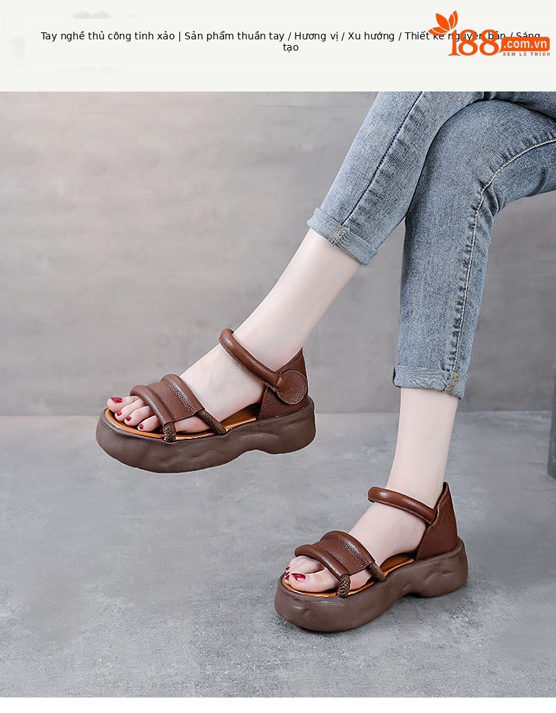 Sandal nữ hở mũi đế dày phong cách La Mã, da thật mềm mại — Màu be chi tiết 1