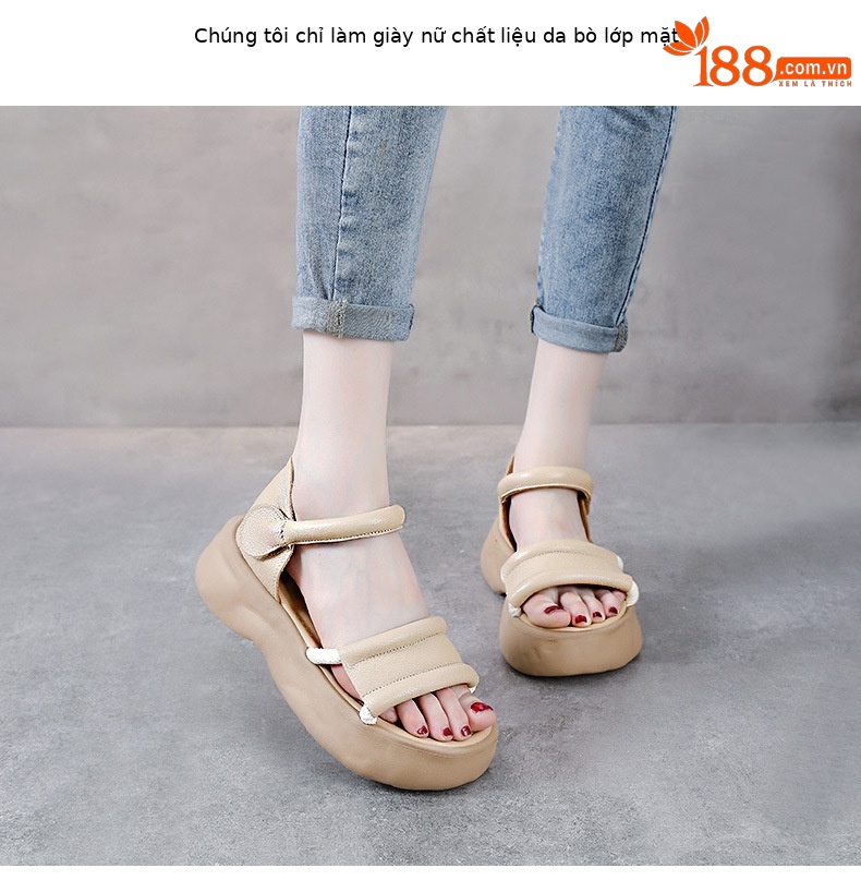 Sandal nữ hở mũi đế dày phong cách La Mã, da thật mềm mại — Màu be chi tiết 2