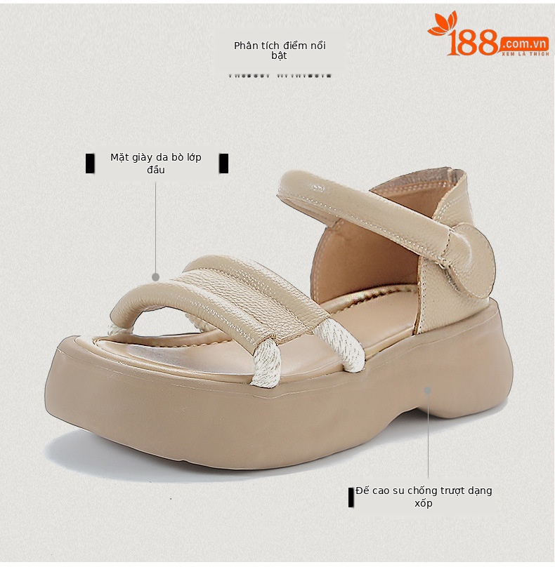 Sandal nữ hở mũi đế dày phong cách La Mã, da thật mềm mại — Màu be chi tiết 3