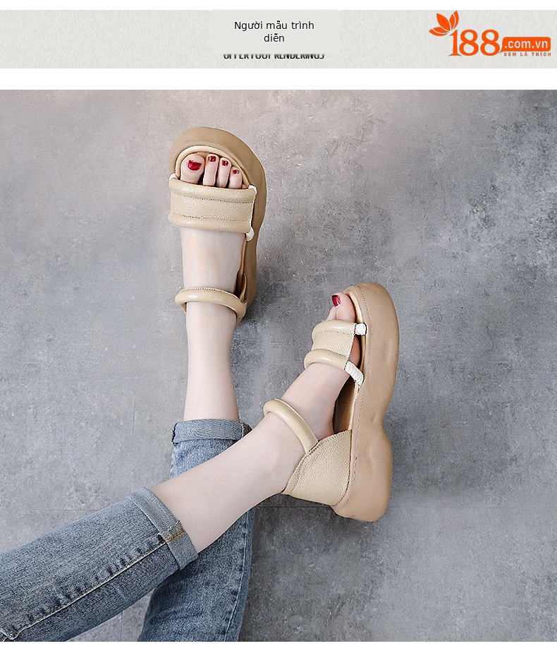 Sandal nữ hở mũi đế dày phong cách La Mã, da thật mềm mại — Màu be chi tiết 9