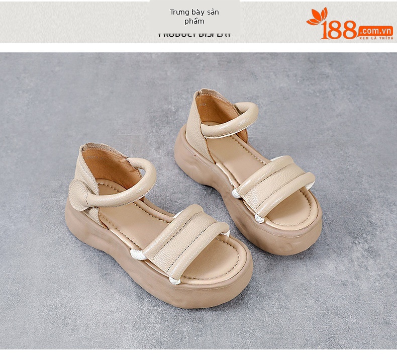 Sandal nữ hở mũi đế dày phong cách La Mã, da thật mềm mại — Màu be chi tiết 10