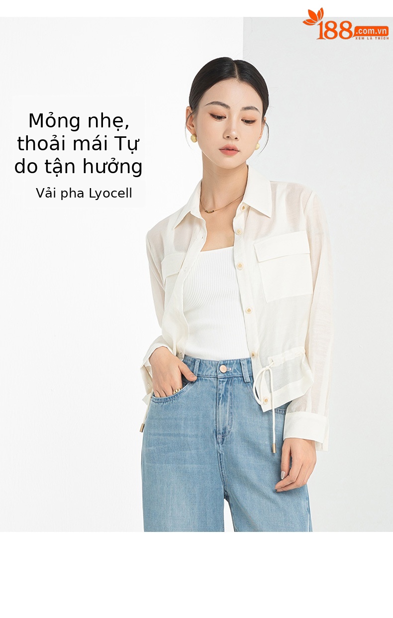 Áo khoác chống nắng nữ dáng dài tay dài chất liệu Tencel mỏng nhẹ form ôm — Màu trắng be chi tiết 15