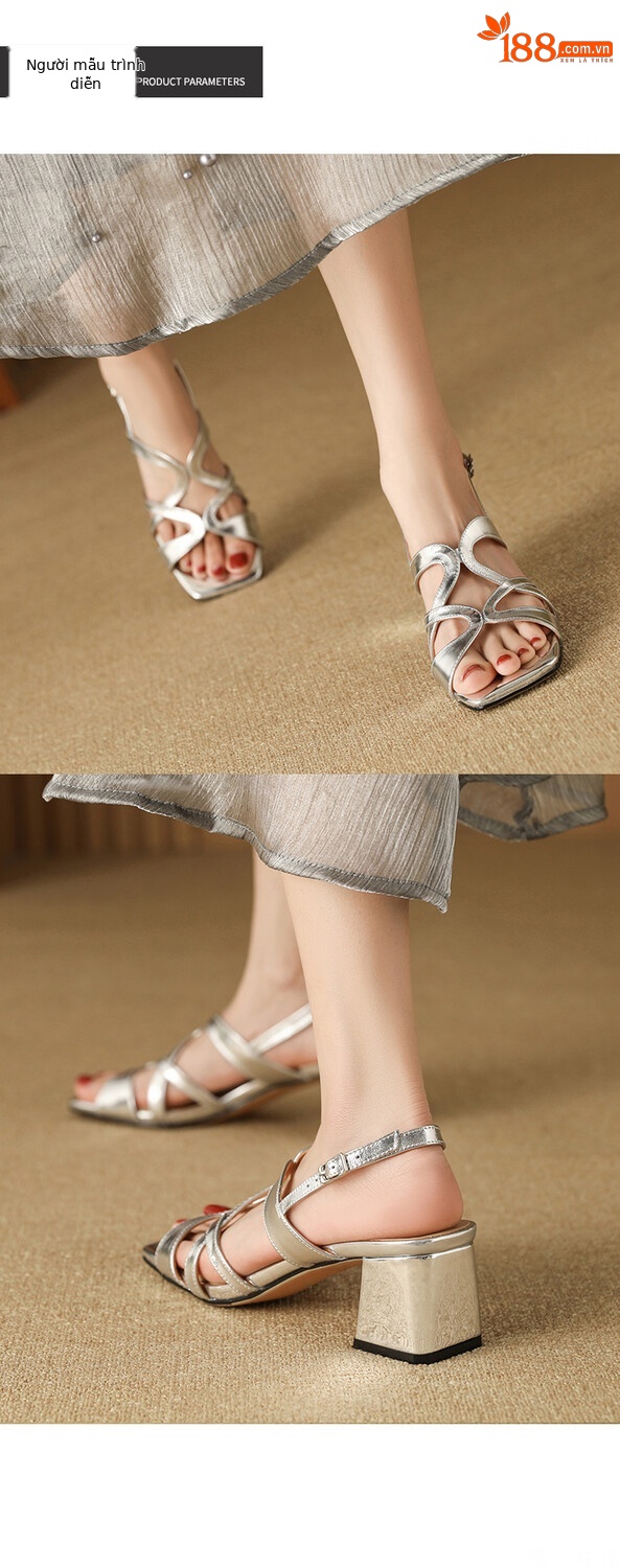 Sandal cao gót nữ da thật mũi vuông hở mũi gót thô 9 cm — Màu vàng, Màu bạc chi tiết 4