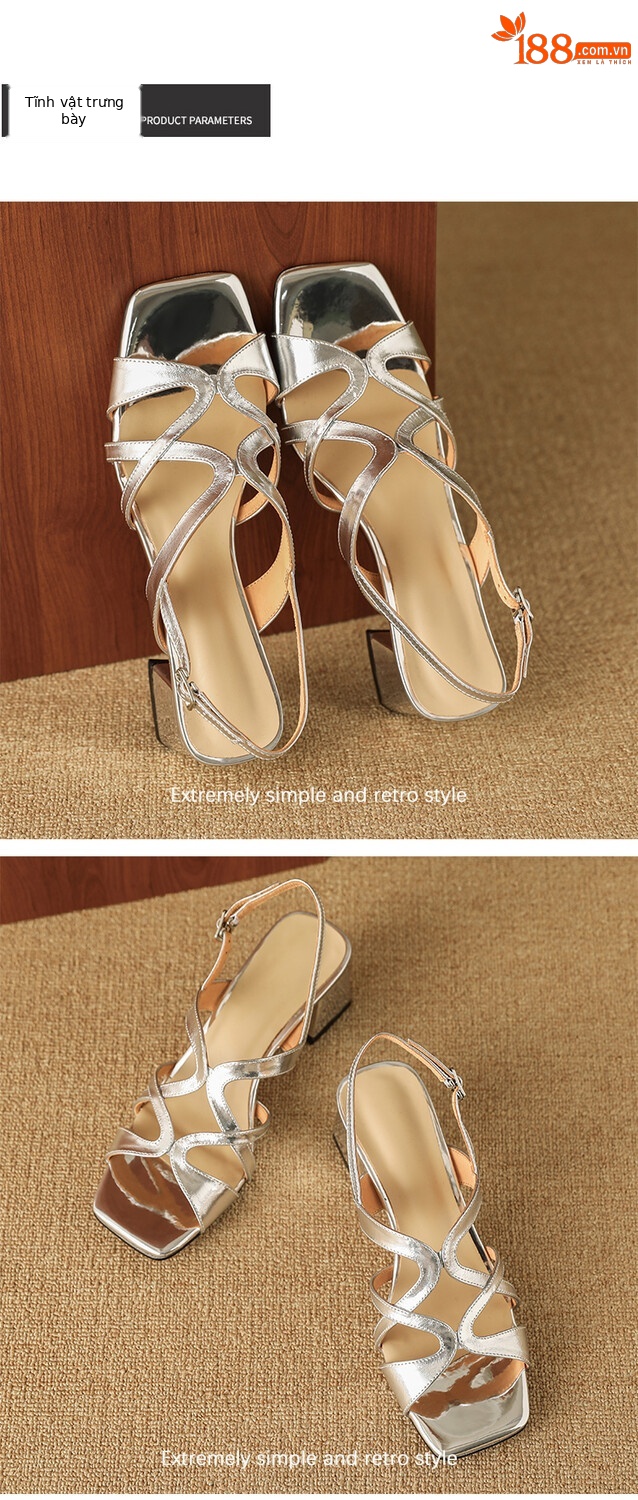 Sandal cao gót nữ da thật mũi vuông hở mũi gót thô 9 cm — Màu vàng, Màu bạc chi tiết 10