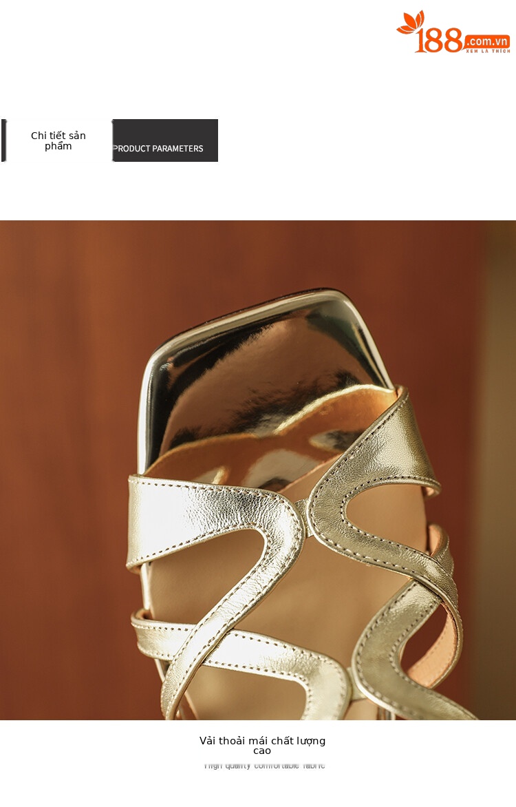 Sandal cao gót nữ da thật mũi vuông hở mũi gót thô 9 cm — Màu vàng, Màu bạc chi tiết 13