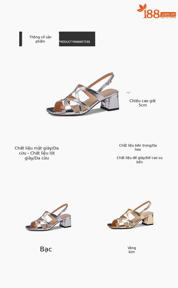 Sandal cao gót nữ da thật mũi vuông hở mũi gót thô 9 cm — Màu vàng, Màu bạc chi tiết 2