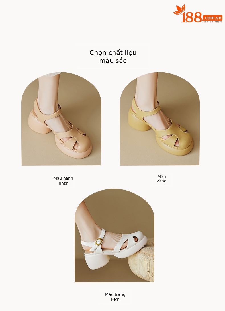 Sandal gót thô da cừu bít mũi phong cách La Mã đế dày quai ngang hở gót — Màu vàng ngỗng chi tiết 6