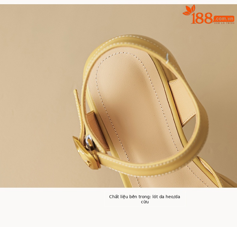 Sandal gót thô da cừu bít mũi phong cách La Mã đế dày quai ngang hở gót — Màu vàng ngỗng chi tiết 18