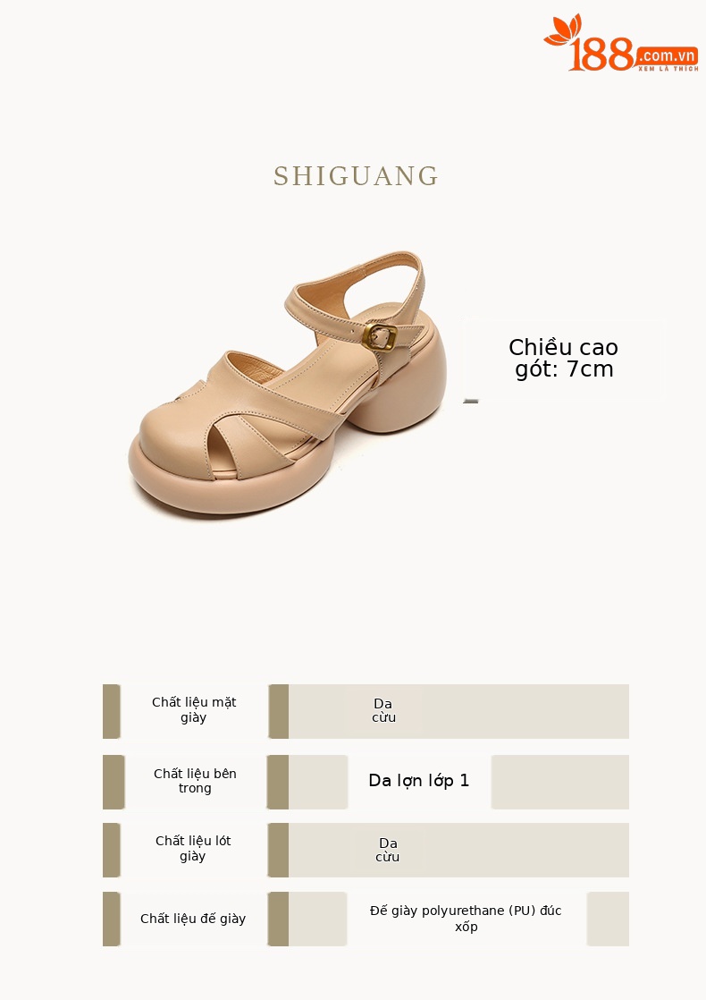 Sandal gót thô da cừu bít mũi phong cách La Mã đế dày quai ngang hở gót — Màu vàng ngỗng chi tiết 5