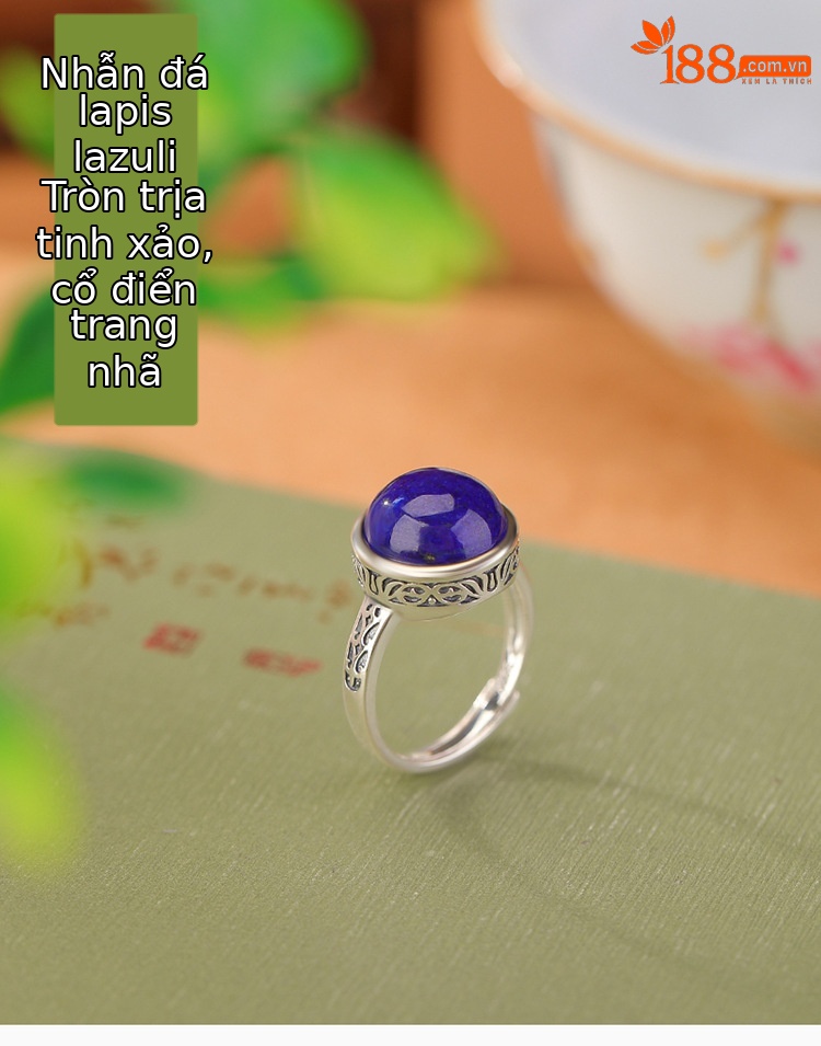 Nhẫn bạc S925 đính đá Lapis Lazuli họa tiết hoa văn cổ điển phong cách dân tộc — Mở một size chi tiết 1