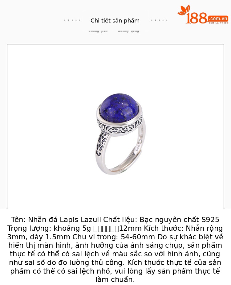 Nhẫn bạc S925 đính đá Lapis Lazuli họa tiết hoa văn cổ điển phong cách dân tộc — Mở một size chi tiết 2