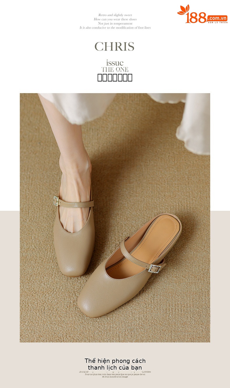 Dép sandal nữ quai chữ V bít mũi gót dốc da mềm — Màu trắng be chi tiết 3