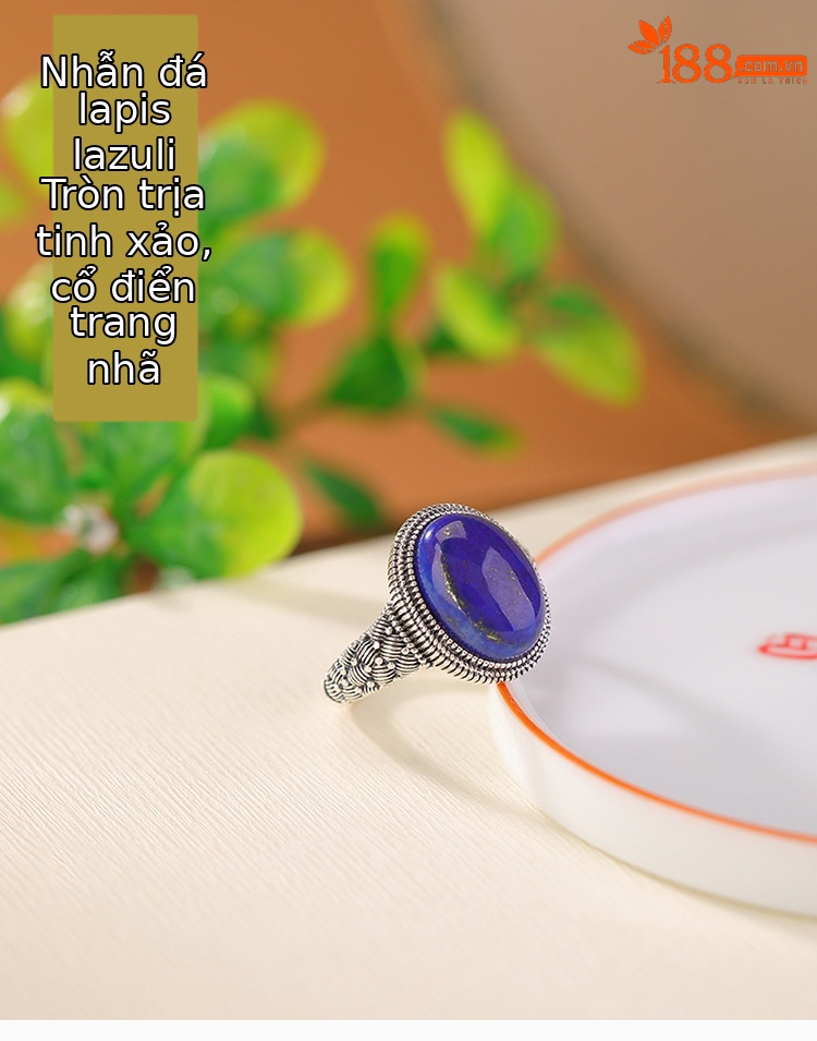Nhẫn bạc S925 mặt trứng phong cách retro dân tộc đính đá Lapis Lazuli — Mở một size chi tiết 1