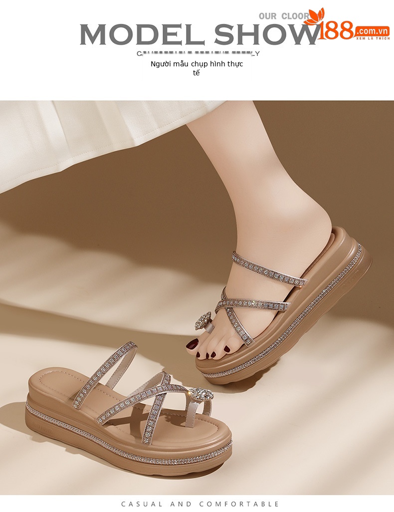 Dép sandal nữ đế xuồng cao gót 7 cm quai chữ V thời trang hè 2024 — 1962 màu đen, Màu vàng 1962 chi tiết 11