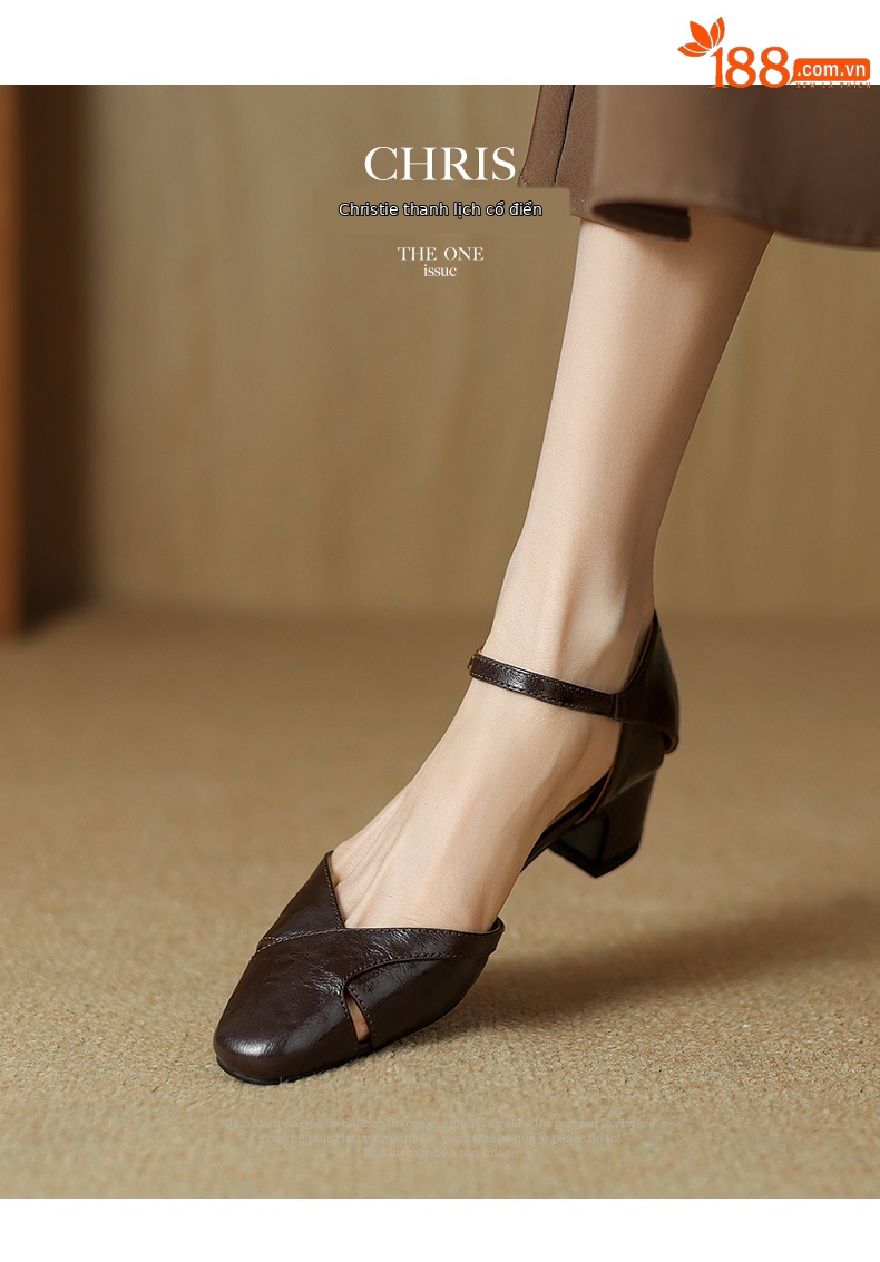 Sandal nữ quai ngang bít mũi gót cao vừa phong cách đơn giản đi làm — Màu nâu chi tiết 3