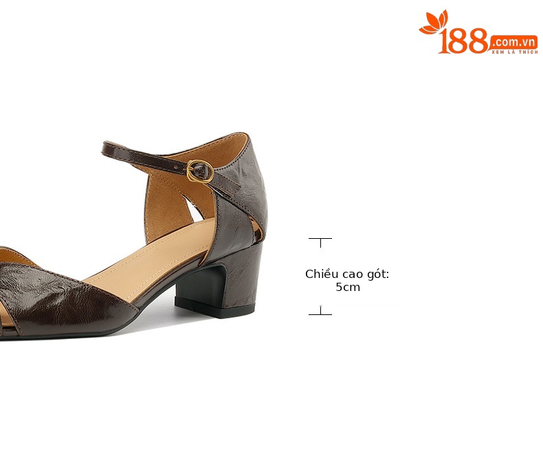 Sandal nữ quai ngang bít mũi gót cao vừa phong cách đơn giản đi làm — Màu nâu chi tiết 5