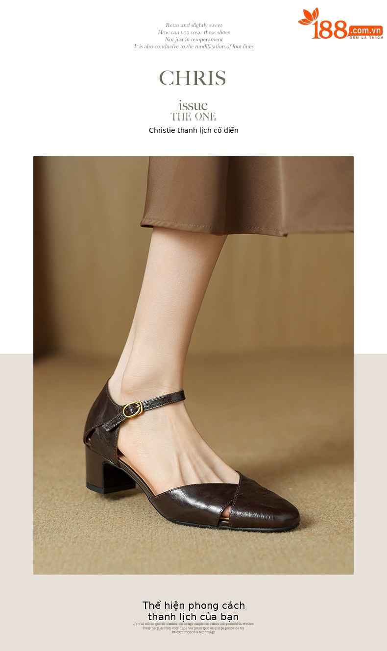 Sandal nữ quai ngang bít mũi gót cao vừa phong cách đơn giản đi làm — Màu nâu chi tiết 7