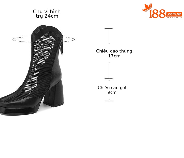 Boot lưới nữ mũi vuông đế xuồng cao gót, phối lưới thoáng mát — Màu nâu, Màu đen chi tiết 3