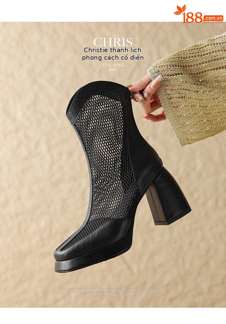 Boot lưới nữ mũi vuông đế xuồng cao gót, phối lưới thoáng mát — Màu nâu, Màu đen chi tiết 4